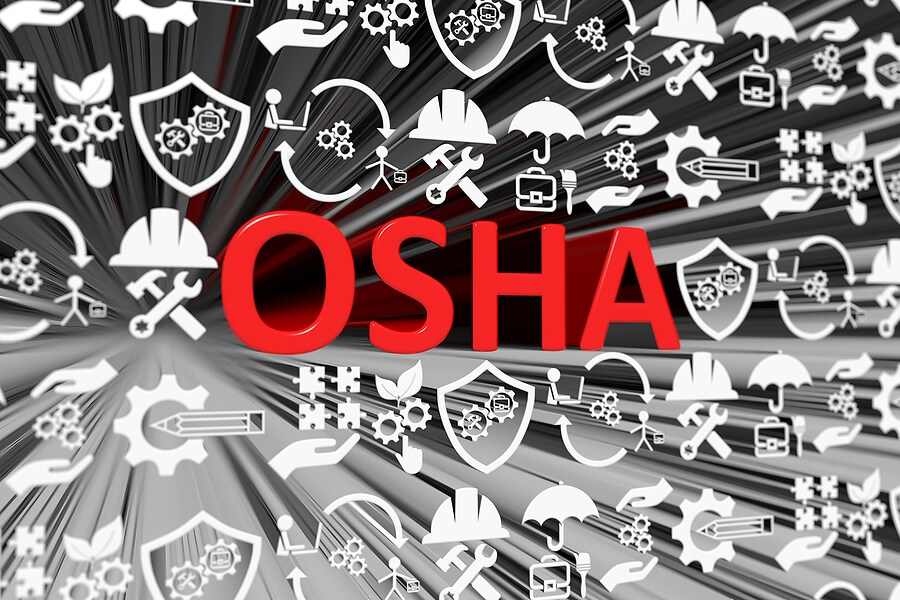 OSHA in red letters, grey background with construction emblems
